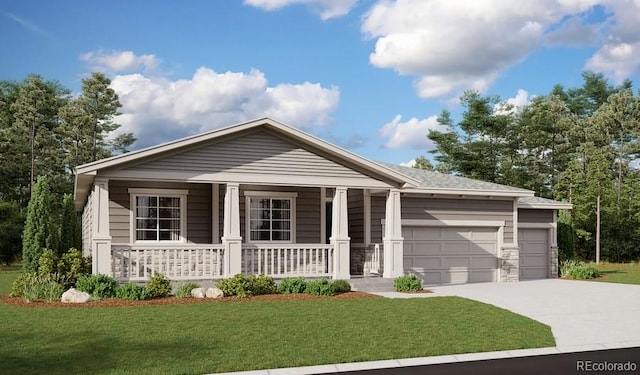 view of front facade with a porch, a front lawn, driveway, and an attached garage