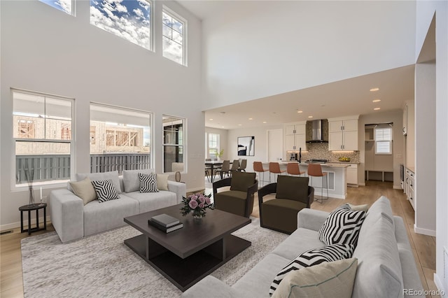 living room with light hardwood / wood-style floors and a high ceiling