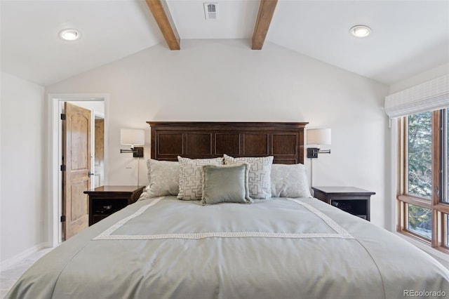 unfurnished bedroom with lofted ceiling with beams