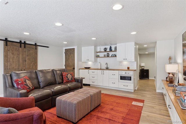 living room with sink, a barn door, a textured ceiling, and light wood-type flooring