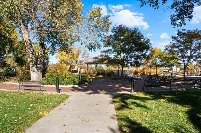 view of nearby features featuring a lawn and a gazebo