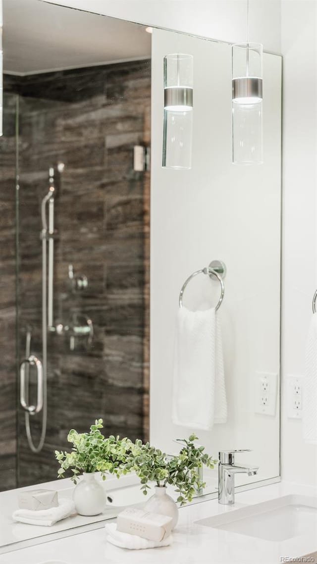 bathroom with a shower stall and a sink