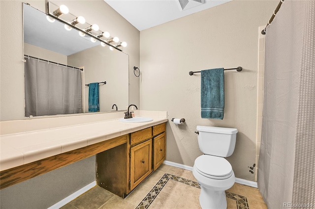 bathroom featuring tile patterned floors, visible vents, toilet, baseboards, and vanity