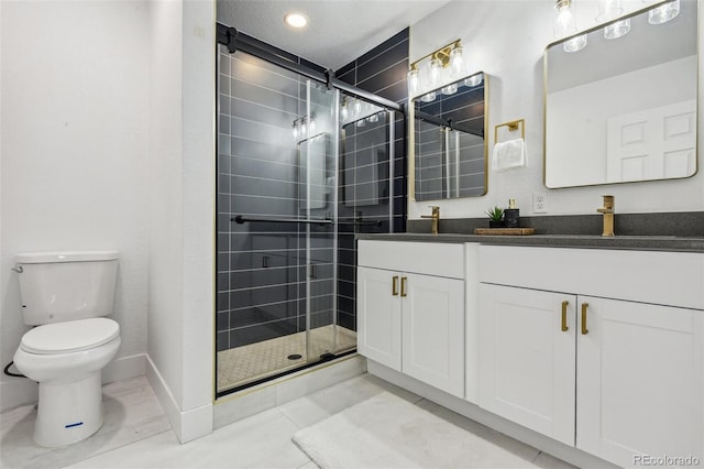 bathroom featuring a shower stall, toilet, double vanity, recessed lighting, and tile patterned floors