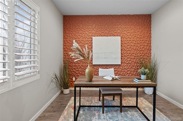 3384 Cranston Cir, Highlands Ranch, CO 80126 - home office with an accent wall, baseboards, plenty of natural light, and wallpapered walls