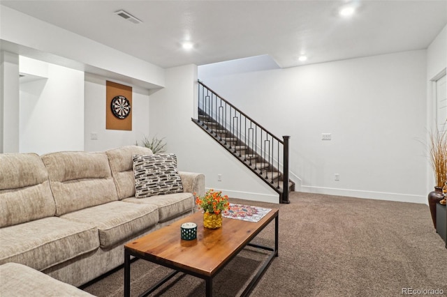 carpeted living room featuring stairs, visible vents, baseboards, and recessed lighting