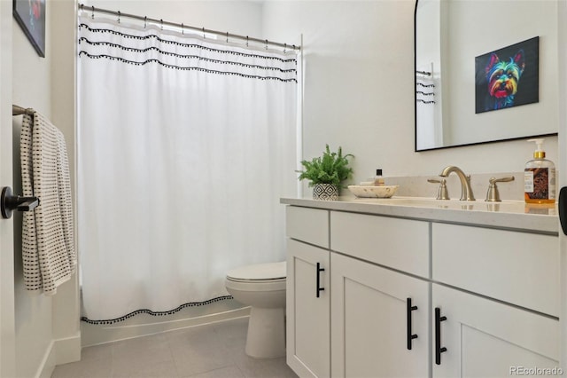bathroom featuring toilet, tile patterned flooring, vanity, and shower / bathtub combination with curtain