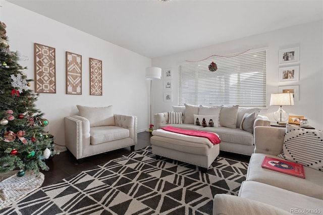 living room with dark hardwood / wood-style floors