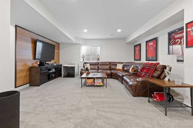 living room with light colored carpet