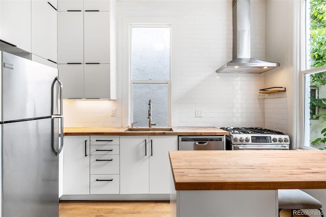 2841 Stout St, Denver, CO 80205 - kitchen with wood counters, appliances with stainless steel finishes, wall chimney range hood, a sink, and white cabinetry
