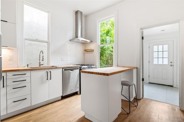 2841 Stout St, Denver, CO 80205 - kitchen with wooden counters, wall chimney exhaust hood, stainless steel dishwasher, and a sink