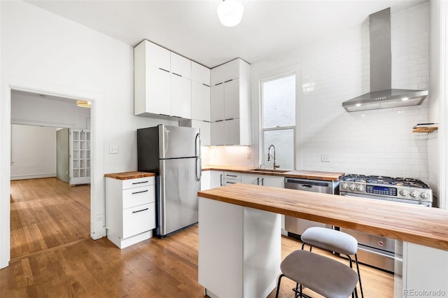 2841 Stout St, Denver, CO 80205 - kitchen featuring wooden counters, appliances with stainless steel finishes, wall chimney exhaust hood, a sink, and decorative backsplash