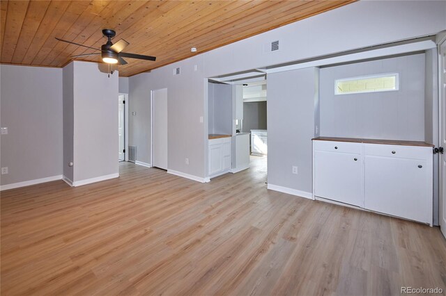 unfurnished living room featuring visible vents, a ceiling fan, light wood-style floors, baseboards, and wood ceiling
