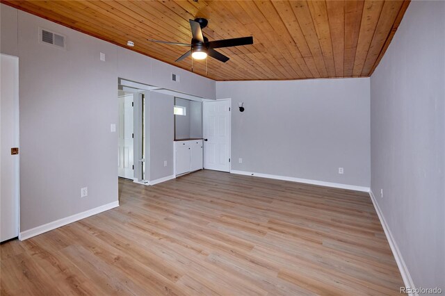 empty room featuring visible vents, wooden ceiling, light wood finished floors, baseboards, and ceiling fan