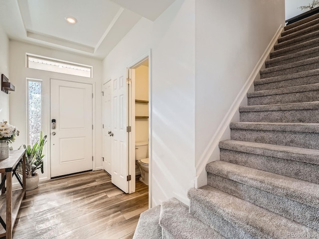 foyer entrance with hardwood / wood-style flooring and a raised ceiling