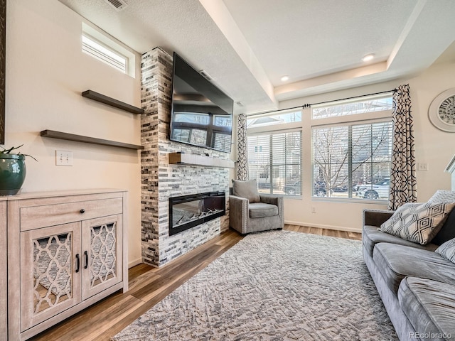 living room featuring a raised ceiling, a stone fireplace, and hardwood / wood-style floors