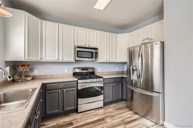 kitchen featuring gray cabinetry, stainless steel appliances, sink, light hardwood / wood-style floors, and white cabinetry