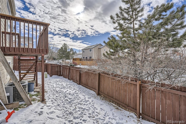 yard covered in snow with central air condition unit