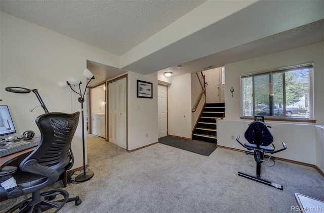 4987 Fabray Ln, Colorado Springs, CO 80922 - exercise room with carpet, a textured ceiling, washer / clothes dryer, and baseboards