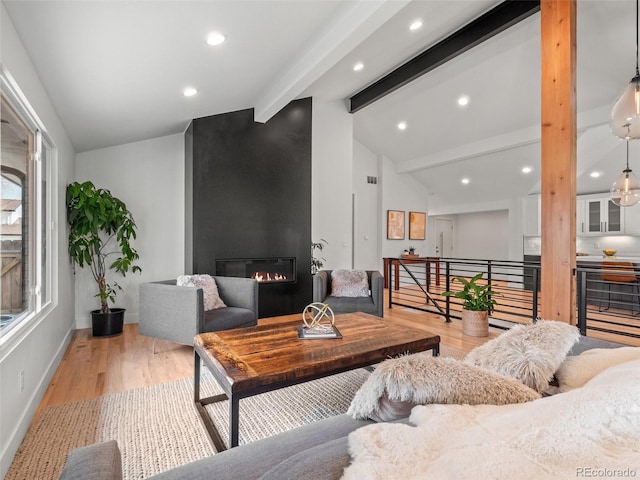 3049 S Vine St, Denver, CO 80210 - living area with light wood-style flooring, a large fireplace, baseboards, and recessed lighting