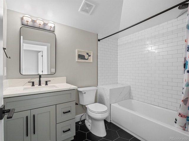 3049 S Vine St, Denver, CO 80210 - full bath with tile patterned flooring, toilet, vanity, and shower / bath combo with shower curtain