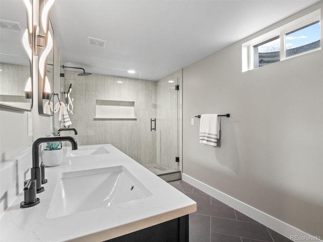 3049 S Vine St, Denver, CO 80210 - bathroom featuring a stall shower, double vanity, tile patterned flooring, baseboards, and recessed lighting