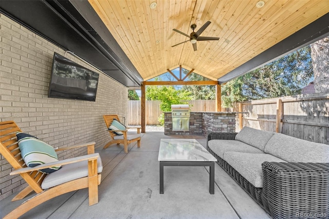 3049 S Vine St, Denver, CO 80210 - view of patio / terrace featuring outdoor lounge area, a fenced backyard, exterior kitchen, and ceiling fan