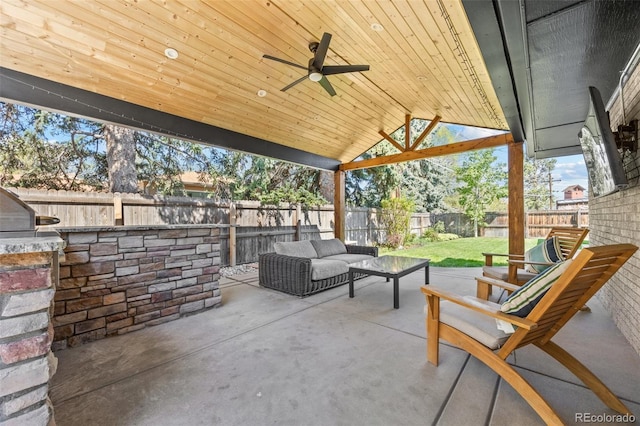 3049 S Vine St, Denver, CO 80210 - view of patio / terrace featuring a fenced backyard, a ceiling fan, and an outdoor living space