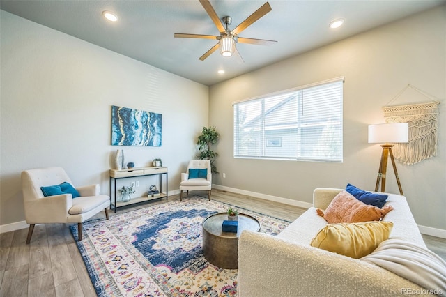 12574 Lake View St, Longmont, CO 80504 - living area with a ceiling fan, wood finished floors, baseboards, and recessed lighting