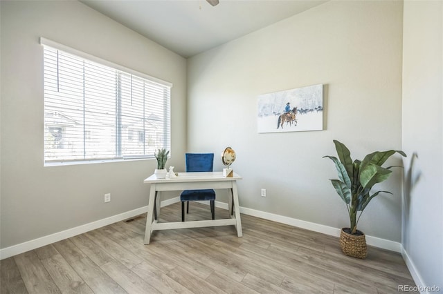 12574 Lake View St, Longmont, CO 80504 - office featuring light wood-type flooring, baseboards, and a ceiling fan