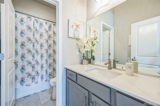12574 Lake View St, Longmont, CO 80504 - full bathroom with toilet, tile patterned floors, vanity, and shower / bathtub combination with curtain