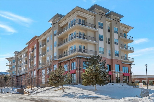 view of snow covered building