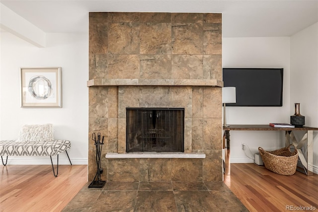 details with baseboards, wood finished floors, and a tile fireplace