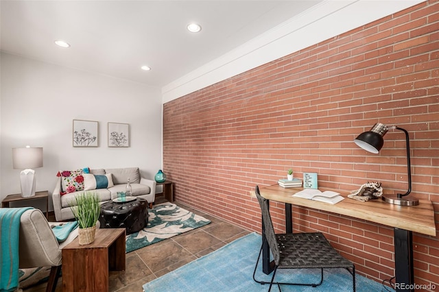 tiled office space featuring recessed lighting and brick wall