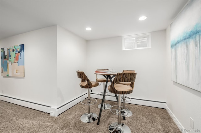 dining area featuring recessed lighting, carpet, and baseboards