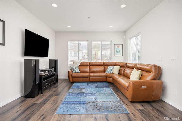living room with recessed lighting, baseboards, and wood finished floors