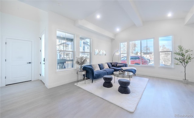 living room with recessed lighting, vaulted ceiling with beams, wood finished floors, and baseboards