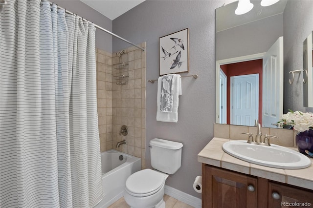 full bathroom featuring vanity, shower / tub combo with curtain, and toilet