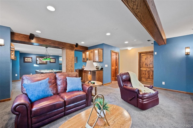 living room with beamed ceiling, billiards, and light colored carpet