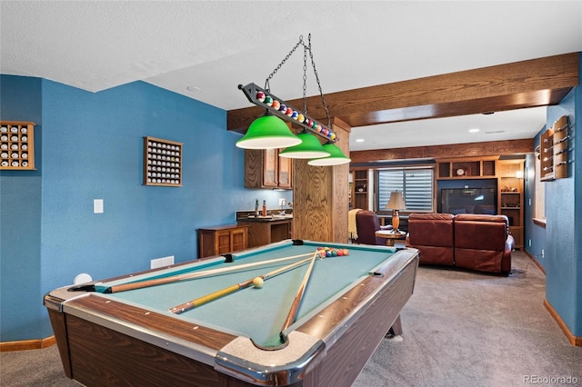 playroom featuring billiards, carpet floors, a textured ceiling, and bar