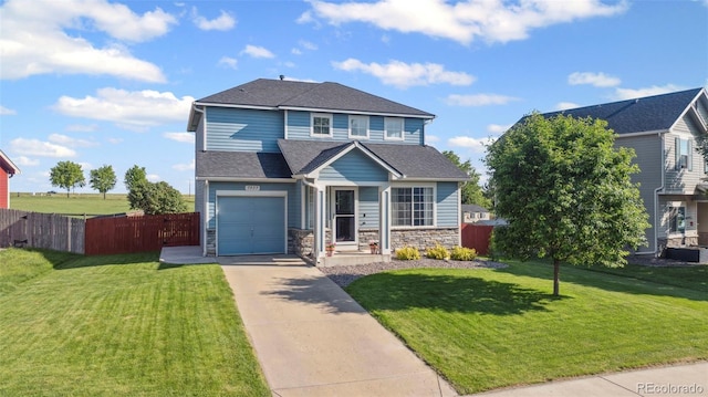 7977 Emerson Ave, Frederick, CO 80530 - traditional-style home with concrete driveway, a garage, and stone siding