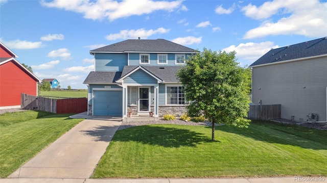 7977 Emerson Ave, Frederick, CO 80530 - view of front of property featuring concrete driveway, stone siding, and a shingled roof