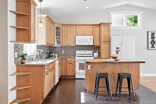 3321 Stuart St, Denver, CO 80212 - kitchen with open shelves, white appliances, lofted ceiling, a sink, and decorative backsplash