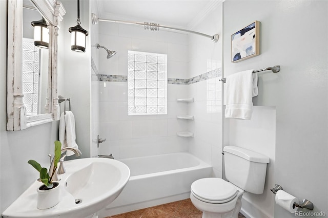 3321 Stuart St, Denver, CO 80212 - full bathroom with toilet, healthy amount of natural light, bathing tub / shower combination, tile patterned flooring, and crown molding