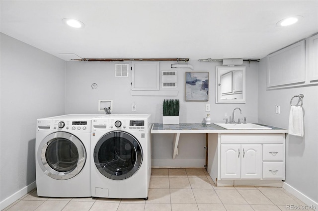 3321 Stuart St, Denver, CO 80212 - laundry area with a sink, washer and clothes dryer, baseboards, light tile patterned floors, and recessed lighting