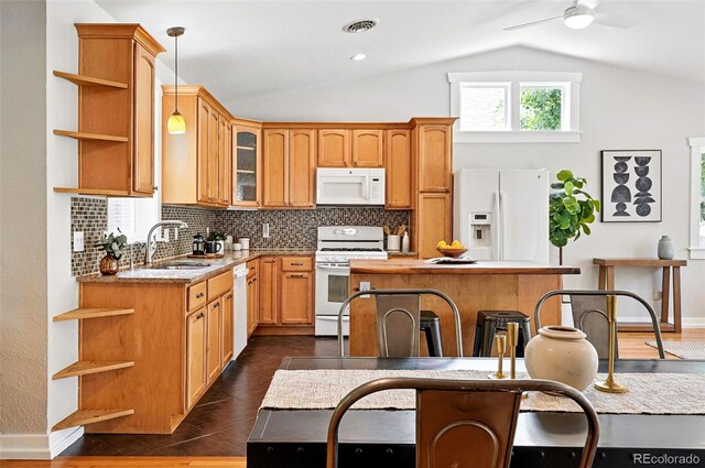 3321 Stuart St, Denver, CO 80212 - kitchen with open shelves, white appliances, a sink, decorative backsplash, and a kitchen island