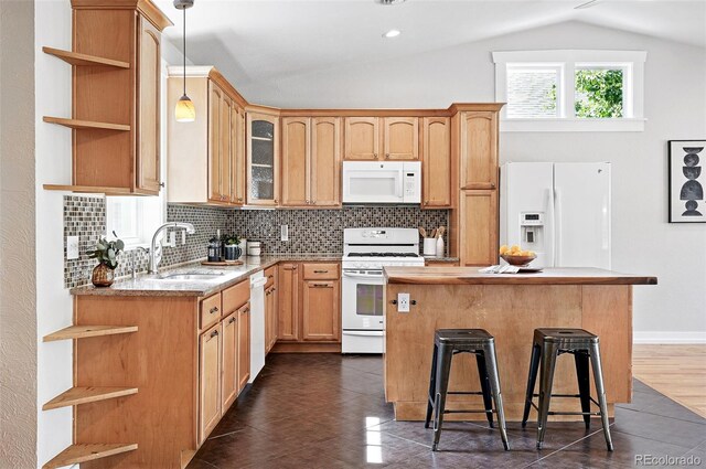 3321 Stuart St, Denver, CO 80212 - kitchen featuring open shelves, white appliances, vaulted ceiling, a sink, and backsplash