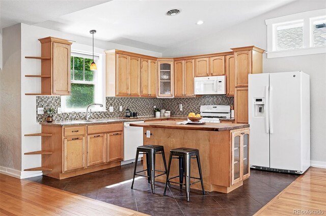 3321 Stuart St, Denver, CO 80212 - kitchen with white appliances, open shelves, a sink, tasteful backsplash, and vaulted ceiling