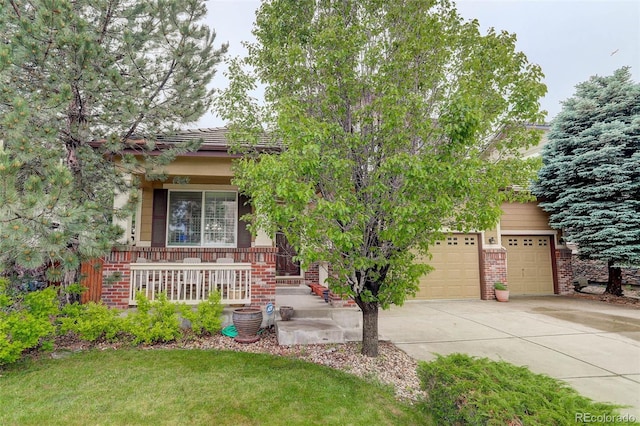 15372 E 117th Ave, Commerce City, CO 80022 - view of property hidden behind natural elements featuring brick siding, concrete driveway, a porch, a garage, and a front lawn