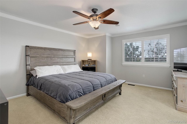 15372 E 117th Ave, Commerce City, CO 80022 - bedroom featuring light carpet, ornamental molding, baseboards, and a ceiling fan
